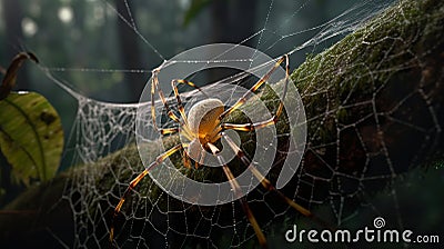 Exotic spider closeup in mesmerizing colors and patterns. Intricate details of a web and a spider in controlled lighting macro. Cartoon Illustration
