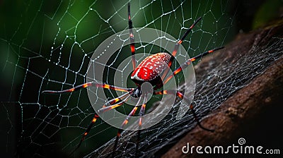 Exotic spider closeup in mesmerizing colors and patterns. Intricate details of a web and a spider in controlled lighting macro. Cartoon Illustration