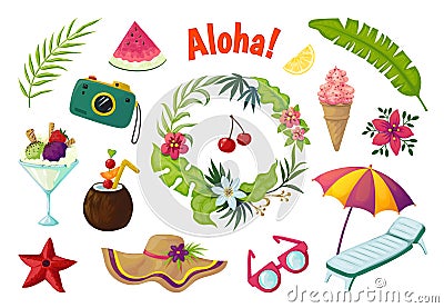 Exotic stickers. Summer party tropical collection of doodle fruits leaves cocktail flamingo, jungle vacation abstract Vector Illustration
