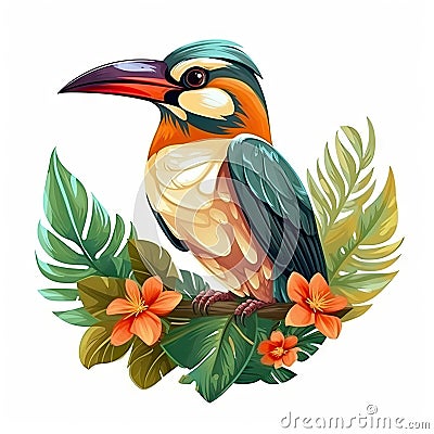 Exotic tropical bird isolated on white background. Toucan sitting on branch with green leaves and flowers, monstera Stock Photo