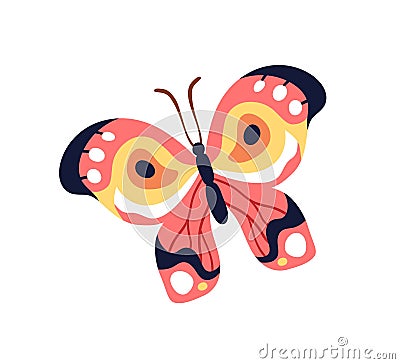 Exotic tropical butterfly flying. Beautiful moth with multi-colored wings. Summer insect. Abstract spring fauna species Vector Illustration