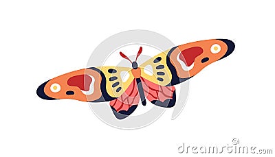 Exotic tropical butterfly flying. Beautiful moth with multicolor wings. Summer insect flies. Abstract fauna species Vector Illustration