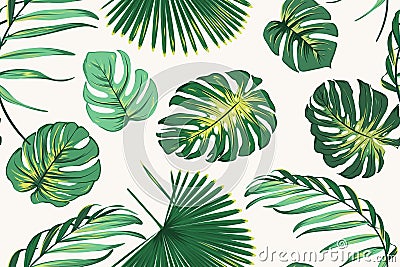 Exotic tropical fern greenery botanical seamless pattern. Vivid realistic bright green jungle palm tree monstera leaves. Vector Illustration
