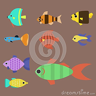 Exotic tropical fish race different breed colors underwater ocean species aquatic strain nature flat vector illustration Vector Illustration
