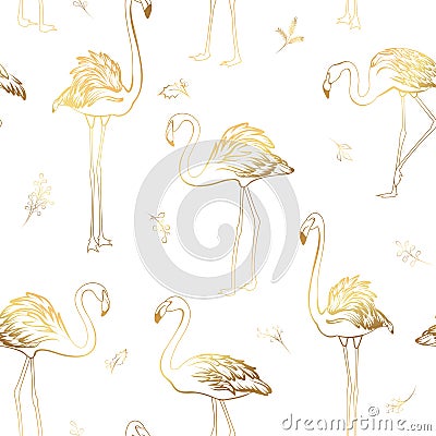 Exotic tropical flamingo birds mistletoe elements seamless pattern. Bright shiny golden colors on white background. Vector Illustration