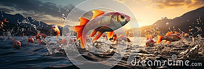Exotic tropical gold fish jumps above water in the ocean Stock Photo