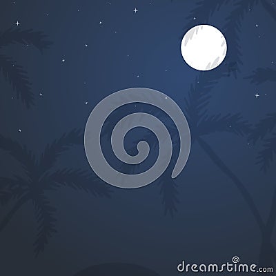 Exotic tropical landscape with moon night sky, palm trees Vector Illustration