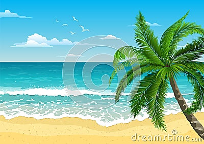 Exotic tropical landscape with palm. Seascape with waves, cloudy sky and seagulls. Tourism and travelling. Vector Illustration