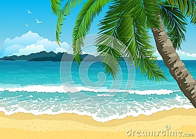 Exotic tropical landscape with palm. Seascape with waves, cloudy sky and seagulls. Tourism and travelling. Vector Illustration