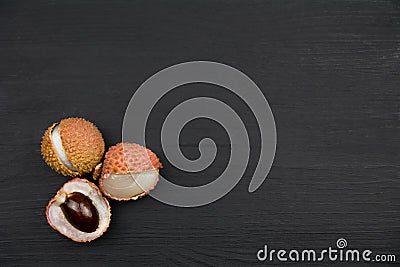 Exotic tropical litchi berry. Litchee. Raw diet or vegan food concept with space for text Stock Photo