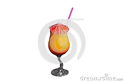 Exotic tropical look cocktail with umbrella beautiful serving with straw orange-red drink glass on white background isolated Stock Photo