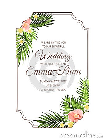 Exotic tropical wedding invitation card template Vector Illustration