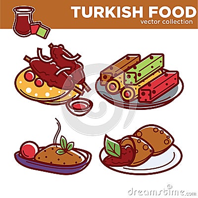 Exotic Turkish food vector collection with dishes on plates Vector Illustration