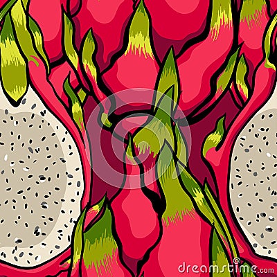 Exotic vector pattern. Dragon fruits on the bright white background. Vector Illustration