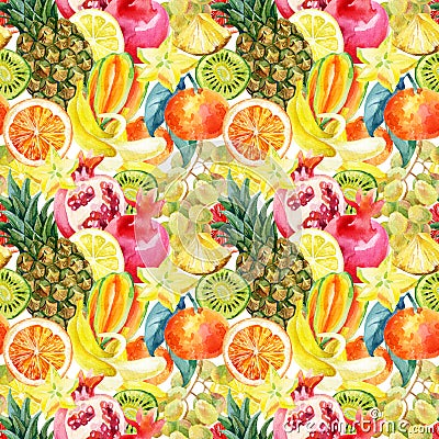 Exotic watercolor fruit mix seamless pattern Cartoon Illustration