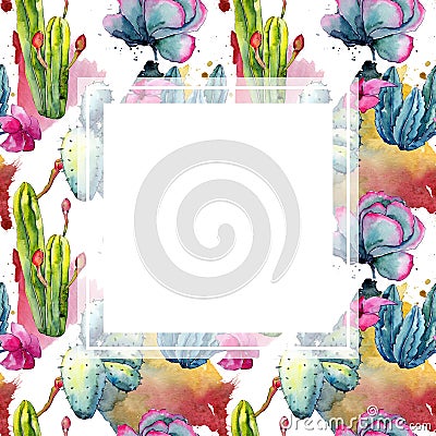 Exotic wildflower cactus frame in a watercolor style. Stock Photo