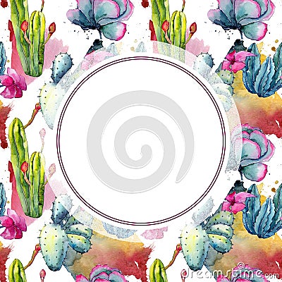 Exotic wildflower cactus frame in a watercolor style. Stock Photo