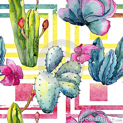 Exotic wildflower cactus pattern in a watercolor style. Stock Photo
