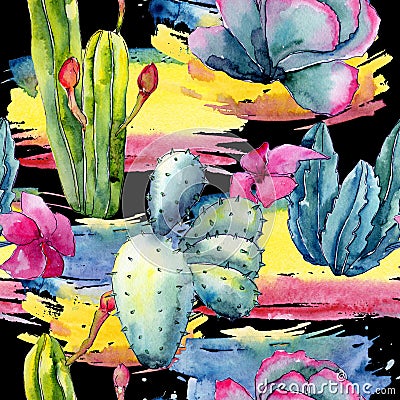Exotic wildflower cactus pattern in a watercolor style. Stock Photo