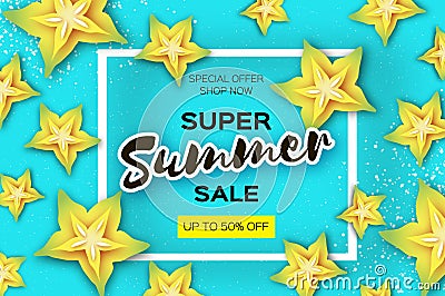 Exotic Yellow Carambola star fruit Summer Sale Banner in paper cut style. Origami juicy ripe starfruit slices. Healthy Vector Illustration