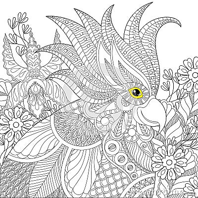 Exotic zentangle cockatoo parrot for adult anti stress coloring Vector Illustration