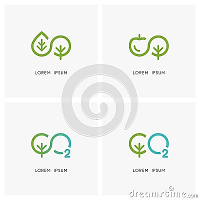 Infinity nature logo set - green tree with leaf, apple and oxygen symbol Vector Illustration
