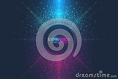 Expansion of life. Colorful explosion background with connected line and dots, wave flow. Visualization Quantum Vector Illustration