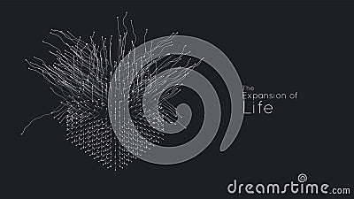 Expansion of life. Vector cube explosion background. Small particles strive out of center. Blurred debrises into rays or Vector Illustration