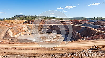 Expansive aerial view of a colossal quarry mining operation dedicated to the extraction of iron ore Stock Photo