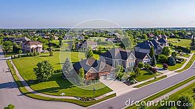 Expansive Aerial View of Lush Suburban Neighborhood with Curving Streets Stock Photo