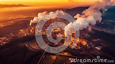 Aerial view showcases a factory emitting copious amounts of smoke, Generative AI Stock Photo