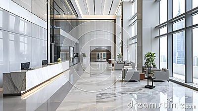 Expansive corporate lobby with marble detailing and city views Stock Photo