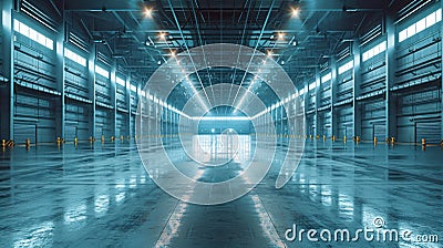 Expansive distribution center, clean design, front view, showing logistic capabilities, scifi tone, Splitcomplementary color Stock Photo