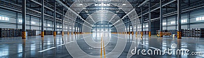 Expansive distribution center, clean design, front view, showing logistic capabilities, scifi tone, Splitcomplementary color Stock Photo