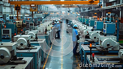 An expansive factory floor filled with rows upon rows of large hightech machines humming with activity. In the Stock Photo