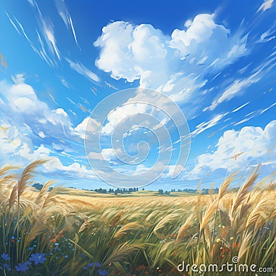 Expansive field of crops gently caressed by a soft breeze Cartoon Illustration