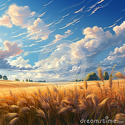 Expansive field of crops gently caressed by a soft breeze Cartoon Illustration