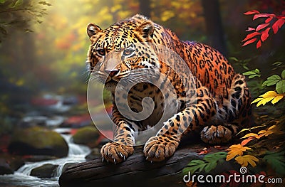 An Amur Leopard roaming in the vastness of forest Stock Photo