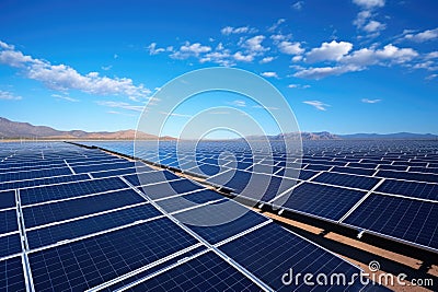 Expansive Solar Panels under Blue Sky Stock Photo