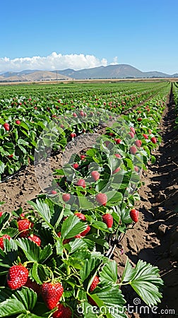 Expansive strawberry fields dot the countryside, their bright red berries contrasting beautifully against the deep green Stock Photo