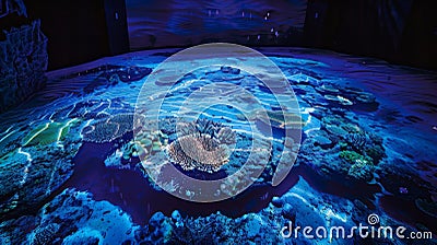 An expansive underwater view featuring a variety of colorful corals in a rich blue water environment Stock Photo