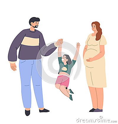 Family life, expectant mother and dad with kid Vector Illustration