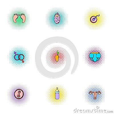 Expectant mother icons set, pop-art style Vector Illustration