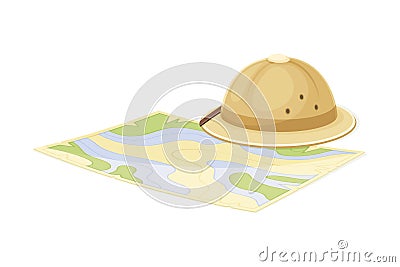 Expedition Map Depicting Geography and Route of Tourist Journey with Scout Brimmed Hat Vector Illustration Vector Illustration