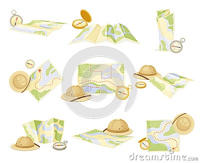 Expedition Map Depicting Geography and Route of Tourist Journey Vector Set Vector Illustration