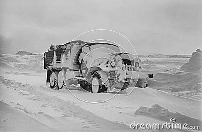 Expeditionary truck covered with snow in tundra Editorial Stock Photo