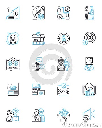 Expense control linear icons set. Budgeting, Cost-cutting, Tracking, Analysis, Management, Optimization, Reduction line Vector Illustration