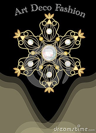 Expensive art deco filigree brooch in with diamonds, fashion in victorian style, antiquarian gold jewel Vector Illustration