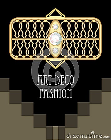 Expensive art deco filigree brooch in rectangle composition with diamonds, fashion in victorian style, antique gold Vector Illustration