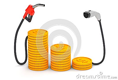 Expensive and cheap fuel. Fuel pump and plug for electric vehicles with gold coins. isolated on white background. 3d Stock Photo